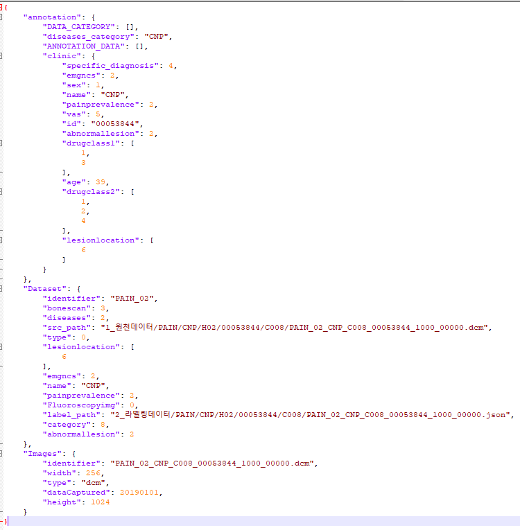 통증치료 및 경과관찰을 위한 멀티모달리티 데이터-CNP 라벨링데이터 실제 예시_1_Json 형식