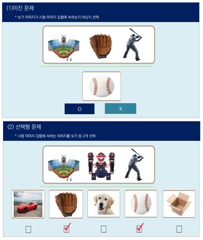 (1)이진 문제 보기 이미지가 시험 이미지 집합에 속하는지 아닌지 선택 (2) 선택형 문제 시험 이미지 집합에 속하는 이미지를 보기 중 2개 선택