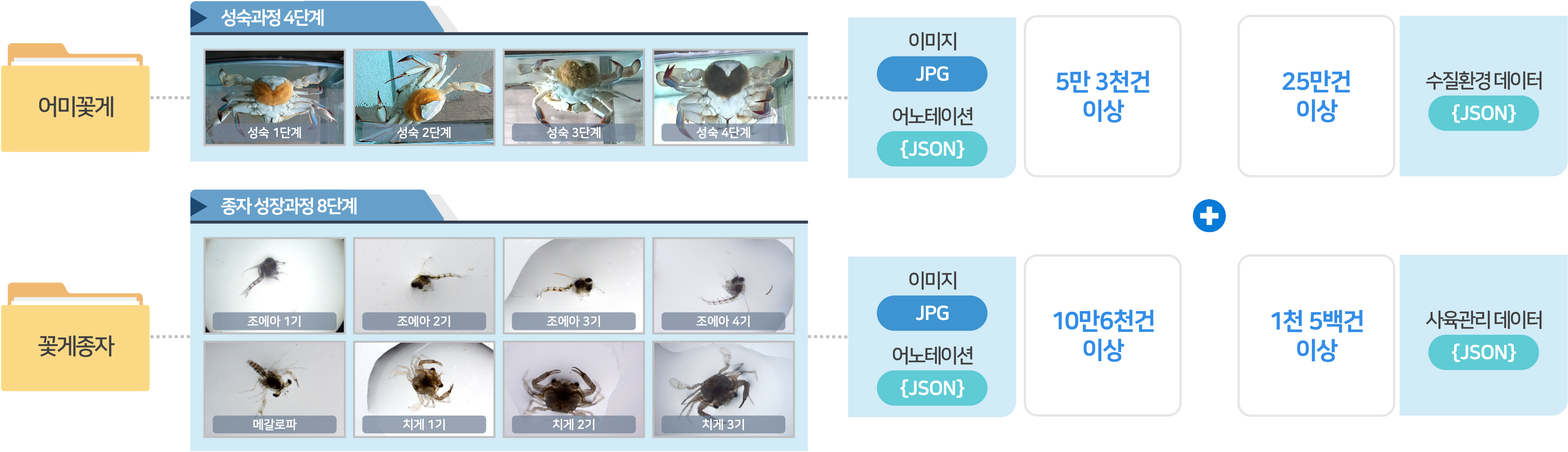 어미꽃게 성숙 1단계 성숙 2단게 성숙3단계 성숙 4단계 이미지,어노테이션 5만 3천건 이상 25만건이상 수질환경 데이터 꽃게종자 조예아 1기 조예아 2기 조예아3기 조예아 4기 메갈로파  치게1기 치게2기 치게3기 이미지 어노테이션 10만 6천건 이상 1천 5백건 이상 사육관리 데이터